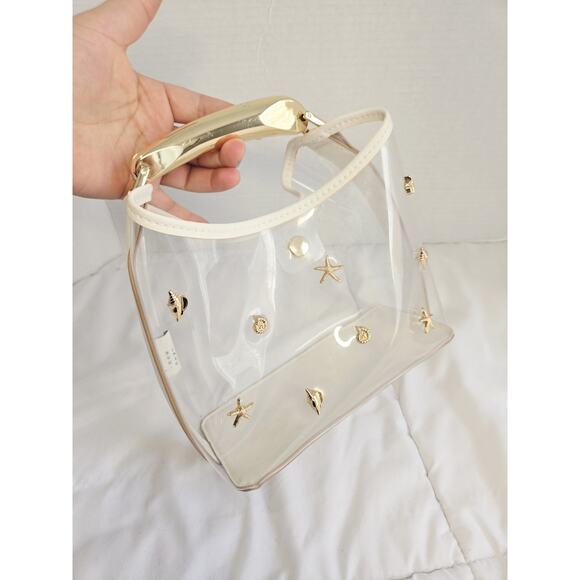 a new day Handbags - Y2k A New Day Boho Mini Slouchy Embellished Seashells Handbag See Through Clear